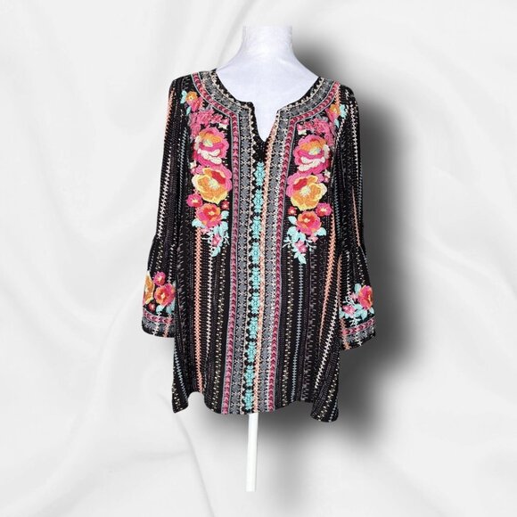 Savanna Jane Embroidered Boho Tunic Top Black Floral Stripes Bell Sleeve Sz 1X - Picture 1 of 11